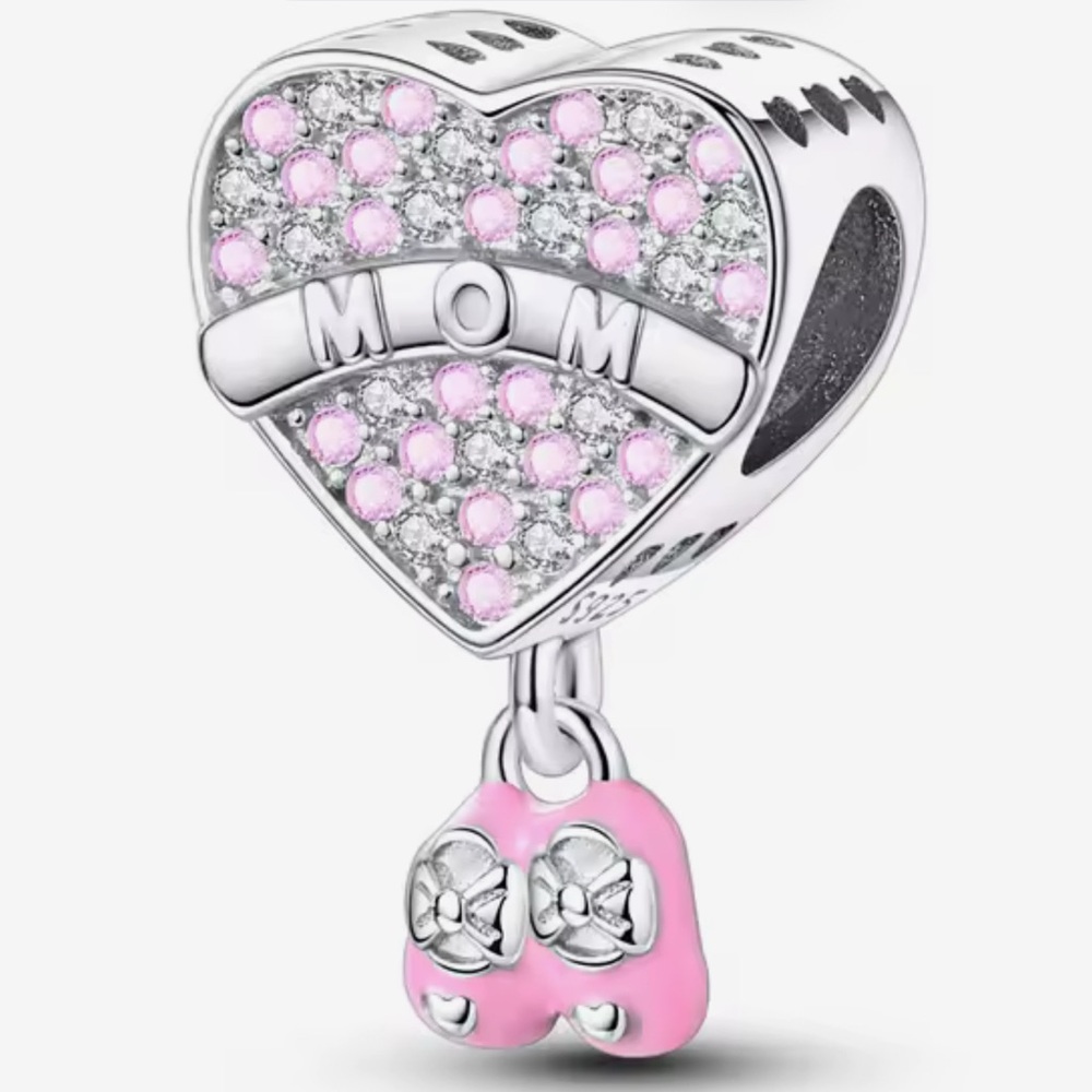 🌻 S925 Sterling Silver MOM Baby Shoe Sapphire Heart Charm